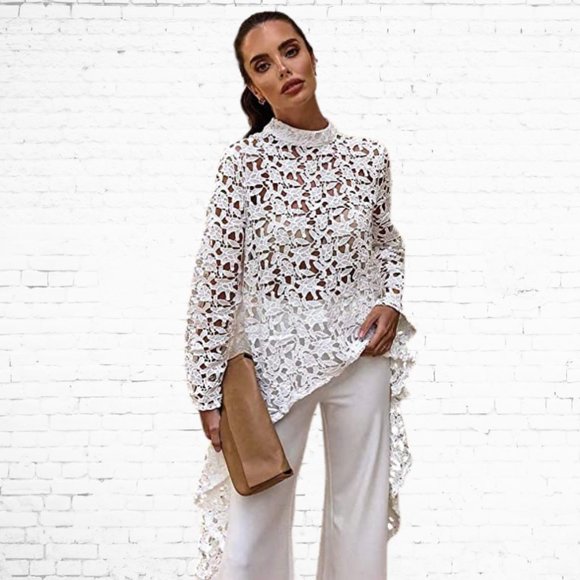 long sleeve round neck high low lace blouse